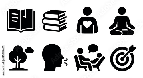 Personal development icons set – solid, filled, isolated growth and mindfulness symbols