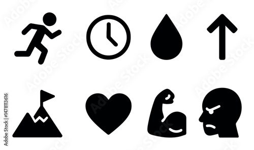 Black silhouettes: running, clock, water, arrow, mountain, heart
