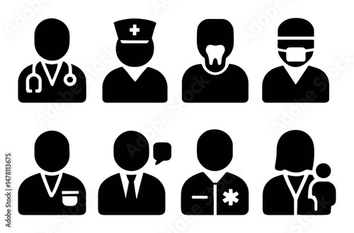 Medical profession icons: doctor, nurse, dentist, surgeon, emt, parent