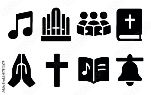 Church symbols: music note, organ, choir, bible, praying hands, cross