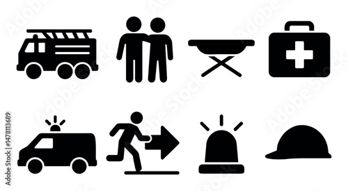 Emergency response icons set – silhouette, solid, filled, isolated safety symbols