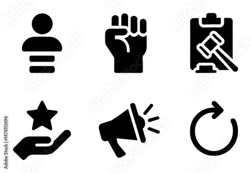 Legal icons including justice, communication, and user symbols