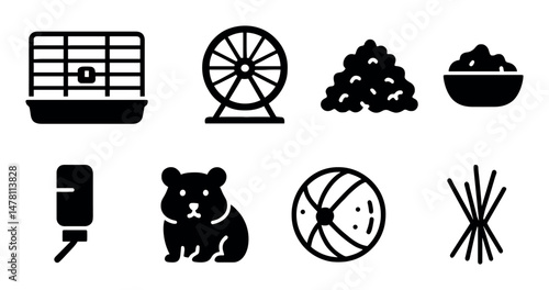 Hamster care essentials: cage, wheel, food, water, toys illustrated
