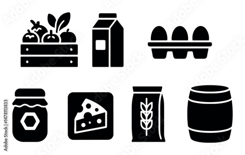 Grocery icons of fresh produce, dairy, eggs, grains, and preserves