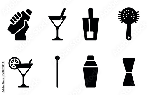 Cocktail and bar icons set – solid, filled, silhouette beverage graphics