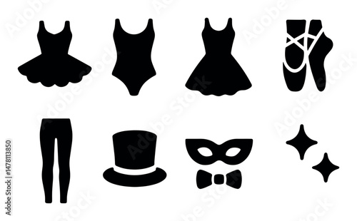 Ballet costume icons: tutu, leotard, pointe shoes, mask, top hat