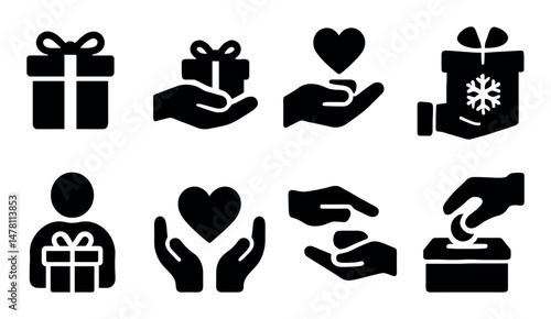 Gift and charity icons: hands, hearts, gifts, donation box