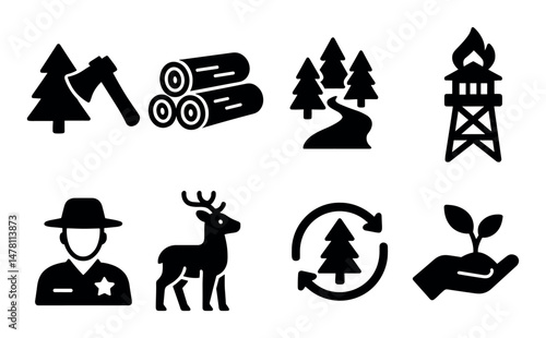 Forestry icons: axe, trees, fire tower, ranger, and wildlife symbols