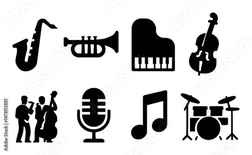 Music and instrument icons set – silhouette, solid, filled, isolated band symbols