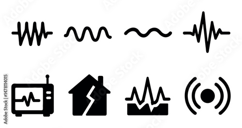 Earthquake alert icons: seismic waves and monitoring symbols
