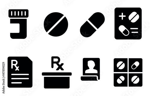 Medical icons: pills, prescription, and dosage symbols