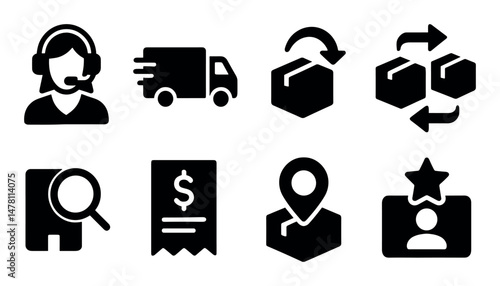 Retail icons: support, delivery, exchange, search, receipt, location