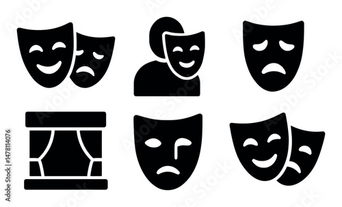 Black theater masks: comedy and tragedy symbols illustration