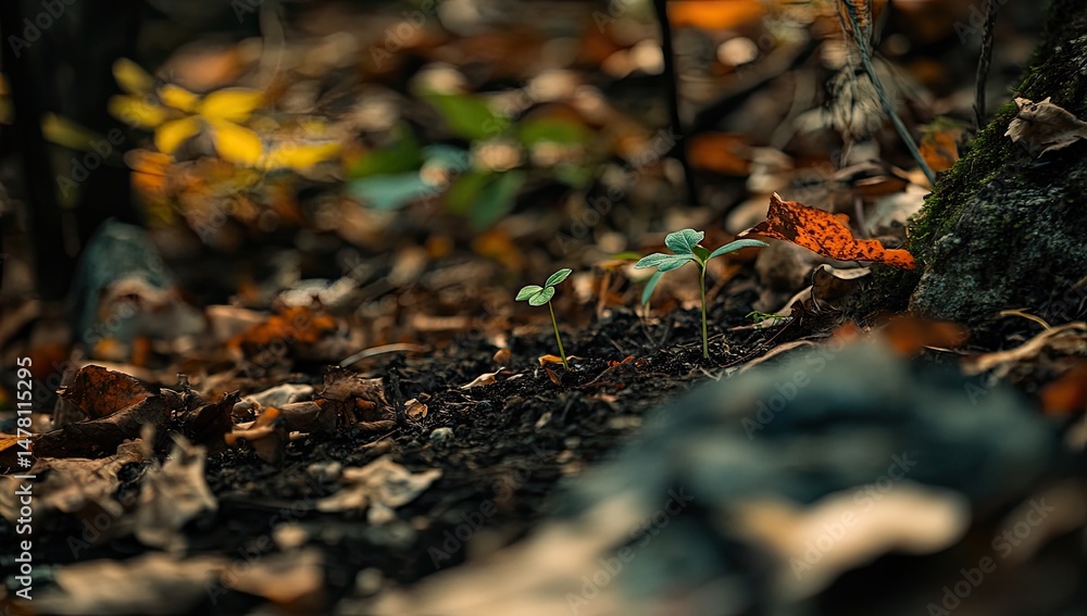 Obraz premium Tiny sprouts emerge from forest floor