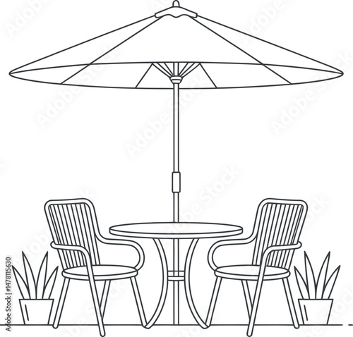 Simple Line Drawing of a Patio Table Set with Two Chairs Under a Parasol