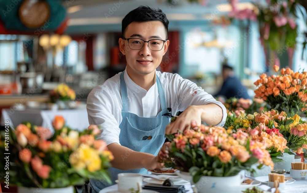 Chef Arranging Exquisite Floral Arrangements for a Fine Dining Experience Chef Arranging Exquisite Floral Arrangements for a Fine Dining Experience