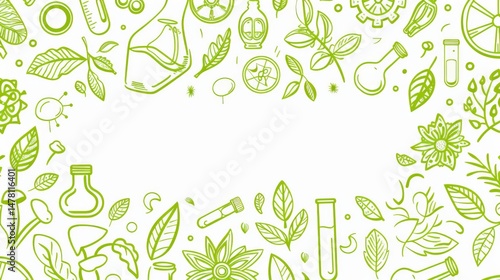 Green science and research vector illustration featuring icons for environmental studies, eco-friendly molecular sciences, biotechnology, microbiology, biochemistry, plant analysis, ecology, and STEM