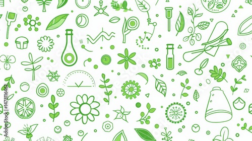 Green science and research vector illustration featuring icons for environmental studies, eco-friendly molecular sciences, biotechnology, microbiology, biochemistry, plant analysis, ecology, and STEM