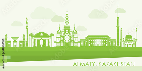 Obraz na płótnie Green Skyline panorama of city of Almaty, Kazakhstan - vector illustration w salonie