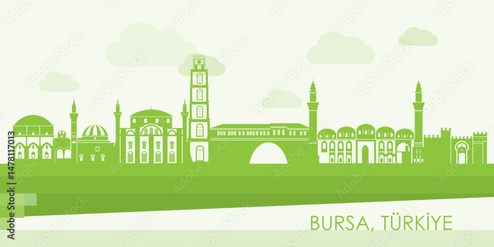 Green Skyline panorama of city of Bursa, Turkiye - vector illustration