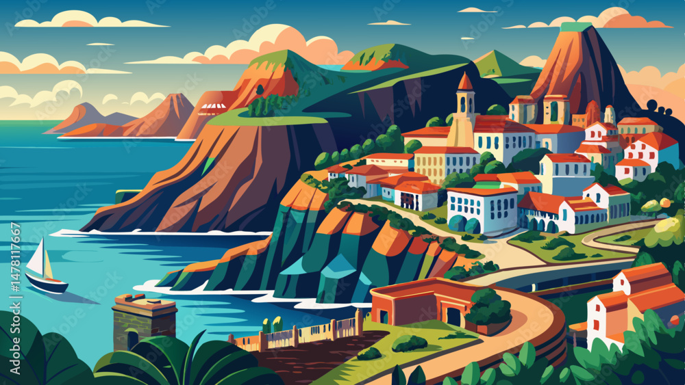 Naklejka premium Panorama of Madeira island, Portuguese archipelag. Ponta de Sao Jorge on Atlantic ocean coast Very beautiful