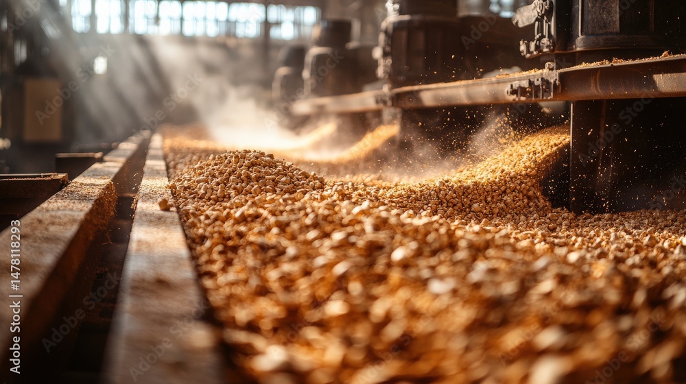 Detailed close up of machinery processing grains with dust particles in bright industrial setting Detailed close up of machinery processing grains with dust particles in bright industrial setting