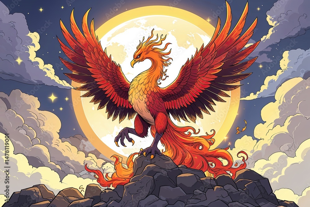 Fototapeta premium Phoenix Symbolizing Rebirth in Cryptocurrency Art Illustration
