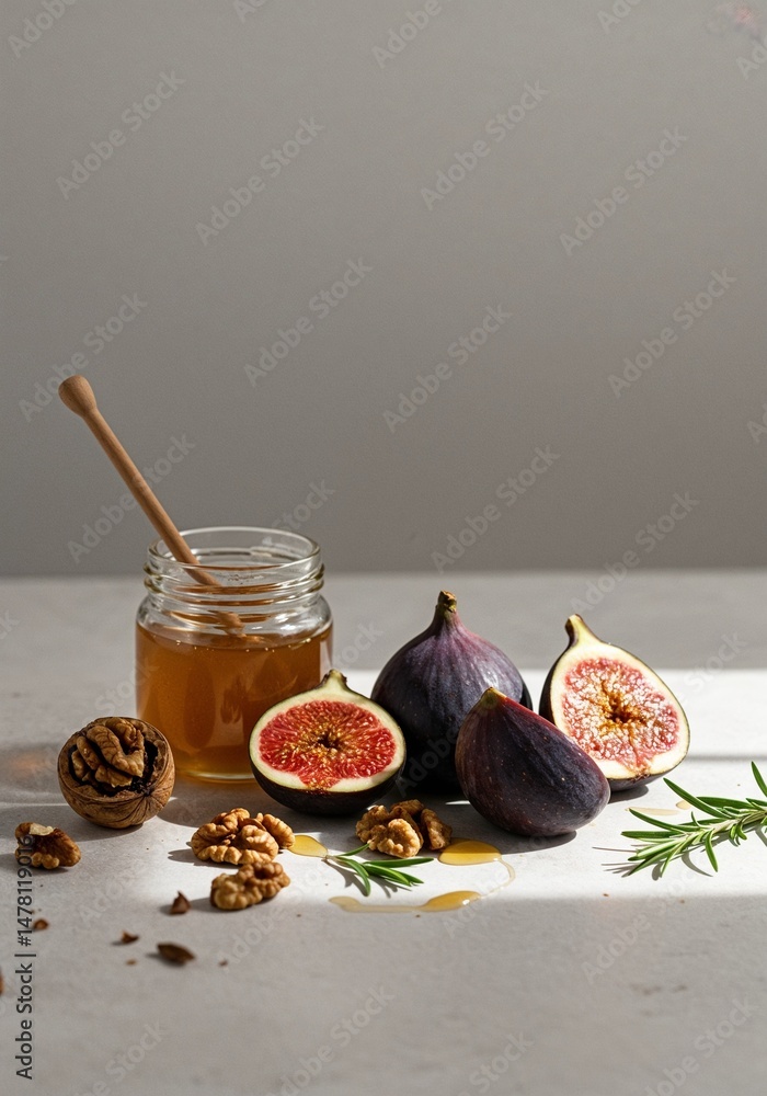 Fototapeta premium Sweet honey jar with fresh figs and nuts on a light background with copy space