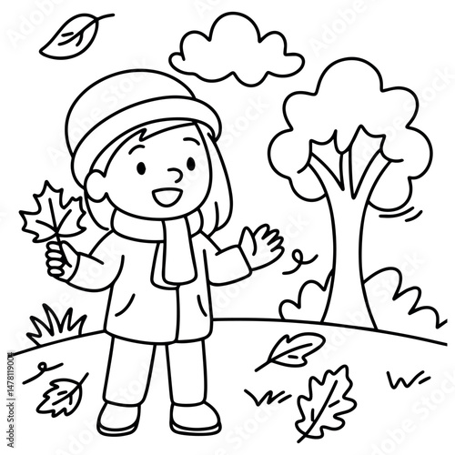 Line art coloring page featuring a smiling child holding fall leaves with autumn trees and nature around, designed for seasonal creativity and educational fun