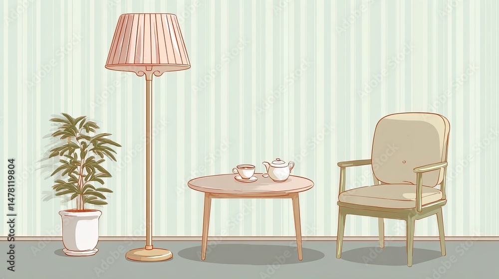 Fototapeta premium a floor lamp, table, and chair with a coffee set on it, a plant in a white pot