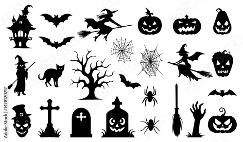 Big set of spooky Halloween themed silhouettes featuring witches, bats, pumpkins, spiders, haunted house, and gravestones in black isolated on transparent background, Vector art.