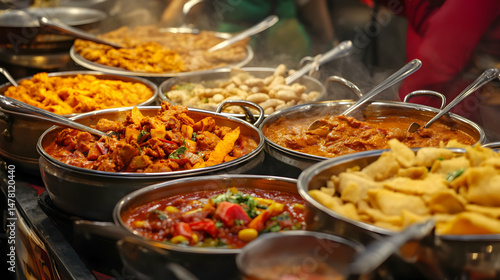 Fototapeta Naklejka Na Ścianę i Meble -  Various prepared food dishes served in metal bowls at a market stall.