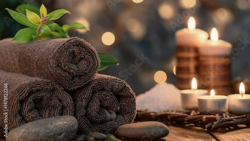 Relaxing spa scene with rolled towels, candles, and stones on a wooden surface with bokeh lights
