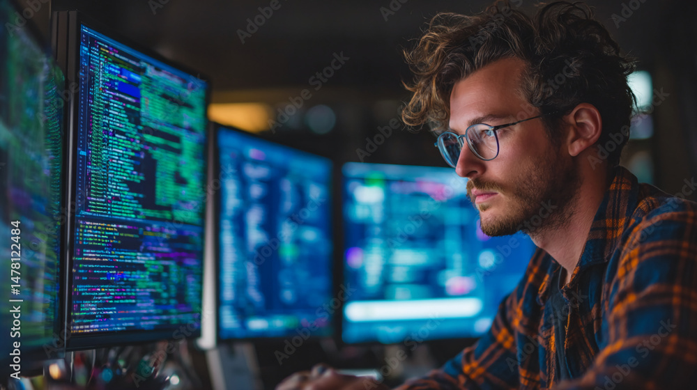 Focused young man in glasses, working late at night on multiple computer screens displaying lines of code, showcasing dedication and intense concentration in software development Focused young man in glasses, working late at night on multiple computer screens displaying lines of code, showcasing dedication and intense concentration in software development