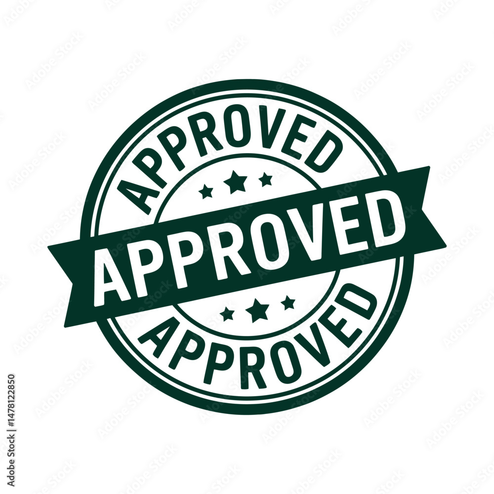 Obraz premium Dark Green Approved Stamp with Ribbon and Stars for Quality Certification