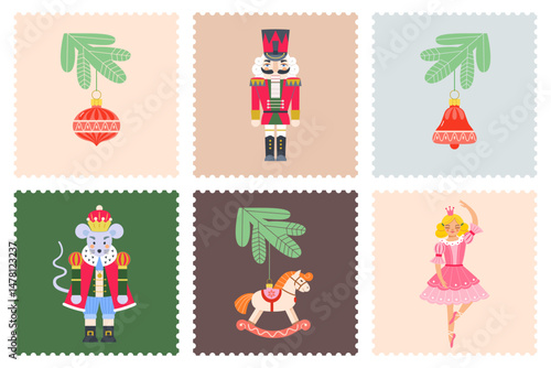 Nutcracker christmas vector set: ballerina, toy soldier, mouse king, princess, ornaments, rocking horse. Holiday fairy tale characters and decorations on postage square stamps.