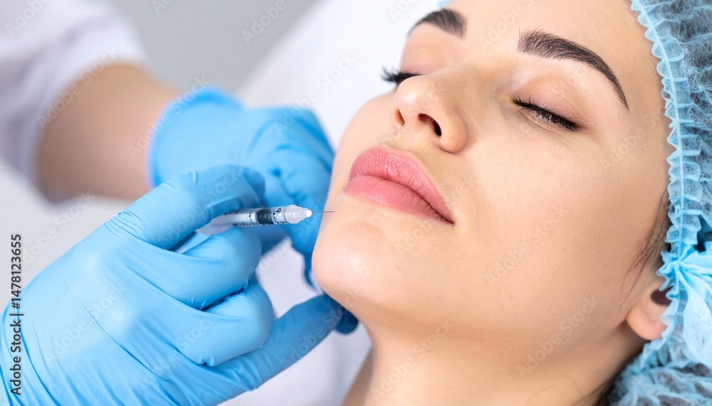Naklejka premium A medical professional administering a facial injection to a client, focusing on beauty enhancement and cosmetic care