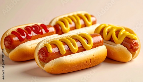 Realistic Close-Up of Mini Hotdogs in Buns with Ketchup and Mustard, Finger Foods Isolated on Neutral Background, High Detail Snack Food with Soft Shadows and Texture