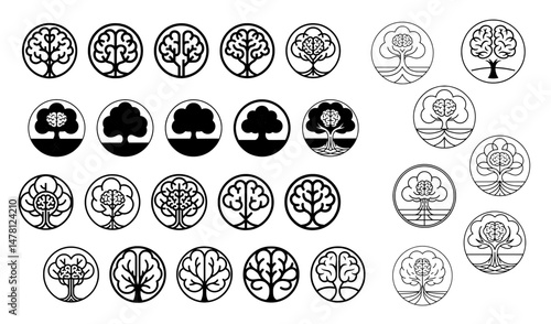 Collection of minimalist brain tree logos merging nature and intelligence concepts for educational branding and psychological services
