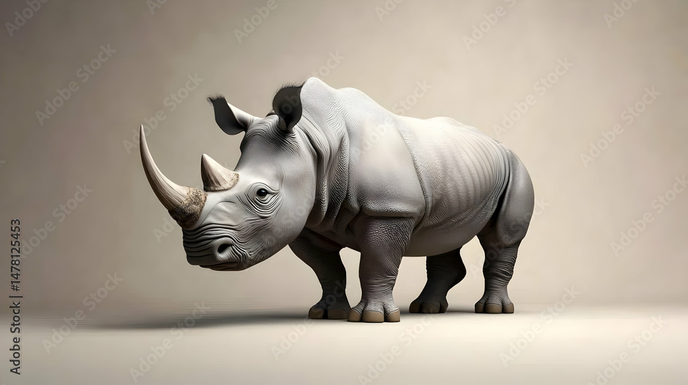 Fototapeta premium Powerful rhinoceros, standing in studio, light gray, detailed model