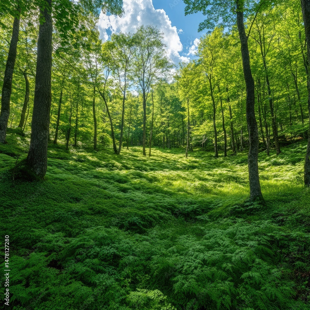Fototapeta premium Lush forest floor bathed in sunlight