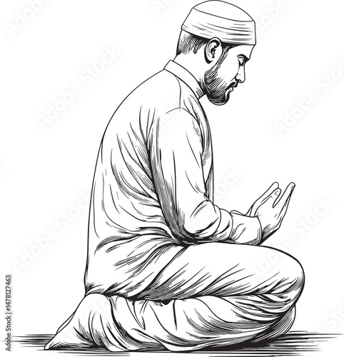 Muslim Man Praying – Islamic Line Art Illustration in Traditional Clothing and Peaceful Sitting Posture