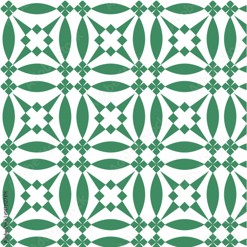 vector seamless pattern with flowers, geometric repeating pattern in green and white, vertical and horizontal, oval or almond-shaped forms, angular diamond shapes, four-leaf clover or cross-like motif