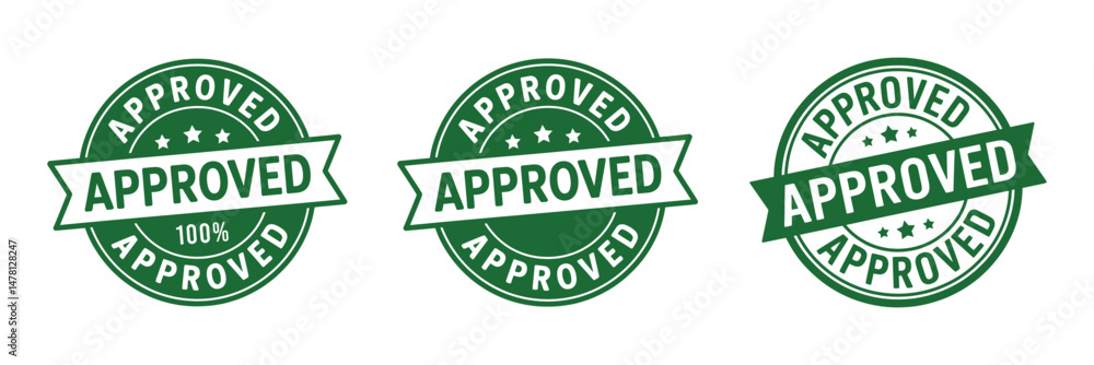 Obraz premium Three Green Approved Stamps with Banner and Stars for Quality Assurance and Certification