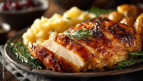 Roasted chicken breast sliced, served with mashed potatoes and roasted potatoes. A delicious and satisfying meal.