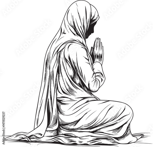 Muslim Man Praying – Islamic Line Art Illustration in Traditional Clothing and Peaceful Sitting Posture