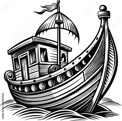 Detailed Black and White Viking Longship Illustration