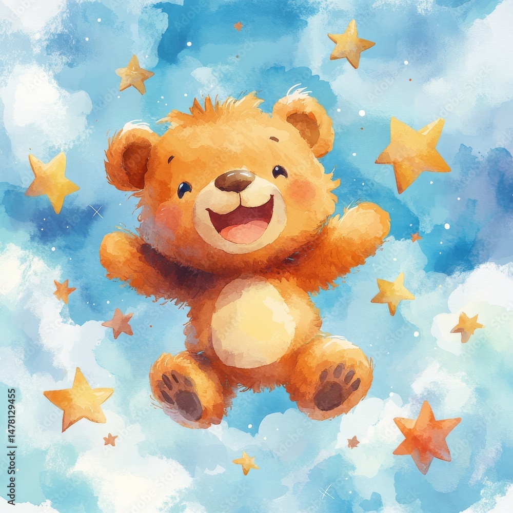 An adorable teddy bear is depicted soaring through a starry galaxy in a watercolor painting An adorable teddy bear is depicted soaring through a starry galaxy in a watercolor painting