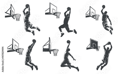 Six Silhouettes of Basketball Players Executing Dynamic Dunks Near the Hoop