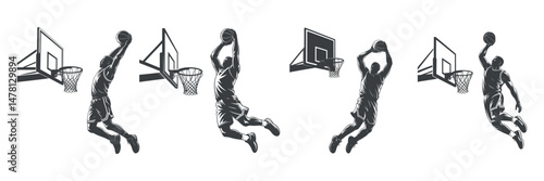 Multiple Action Shots of a Basketball Player Performing Dunks Near the Basket